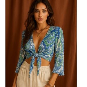 Chicos Irena Ikat Paisley Open Front Cardigan 55% Linen 45% Cotton Boho Sz 1/M